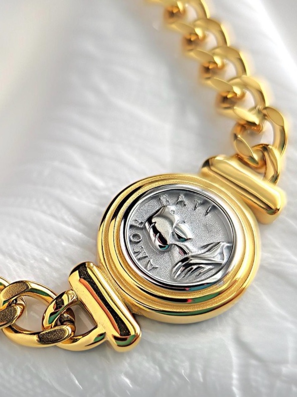 Gold Tone Coin Link Necklace with Green Enamel Accents